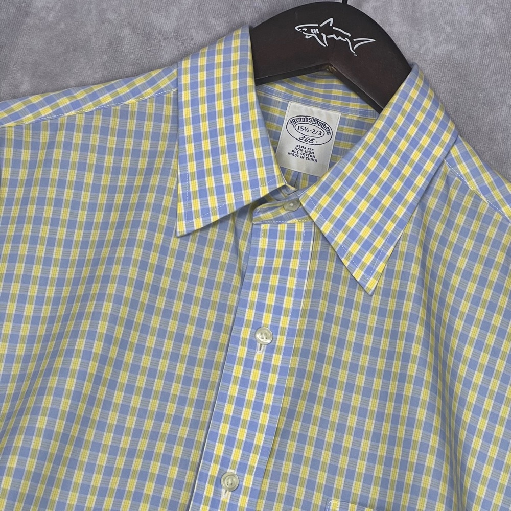 Brooks Brothers 346‎ Mens Slim Non Iron Plaid Dress Shirt Yellow Blue 15.5 2/3